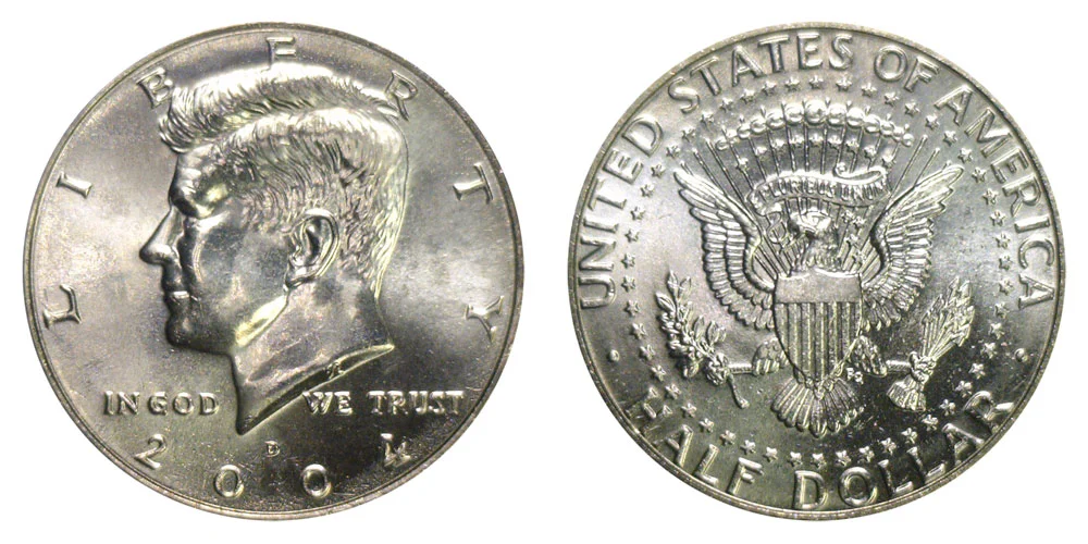 2004-P Kennedy half dollar obverse and reverse in gem uncirculated MS-65 condition