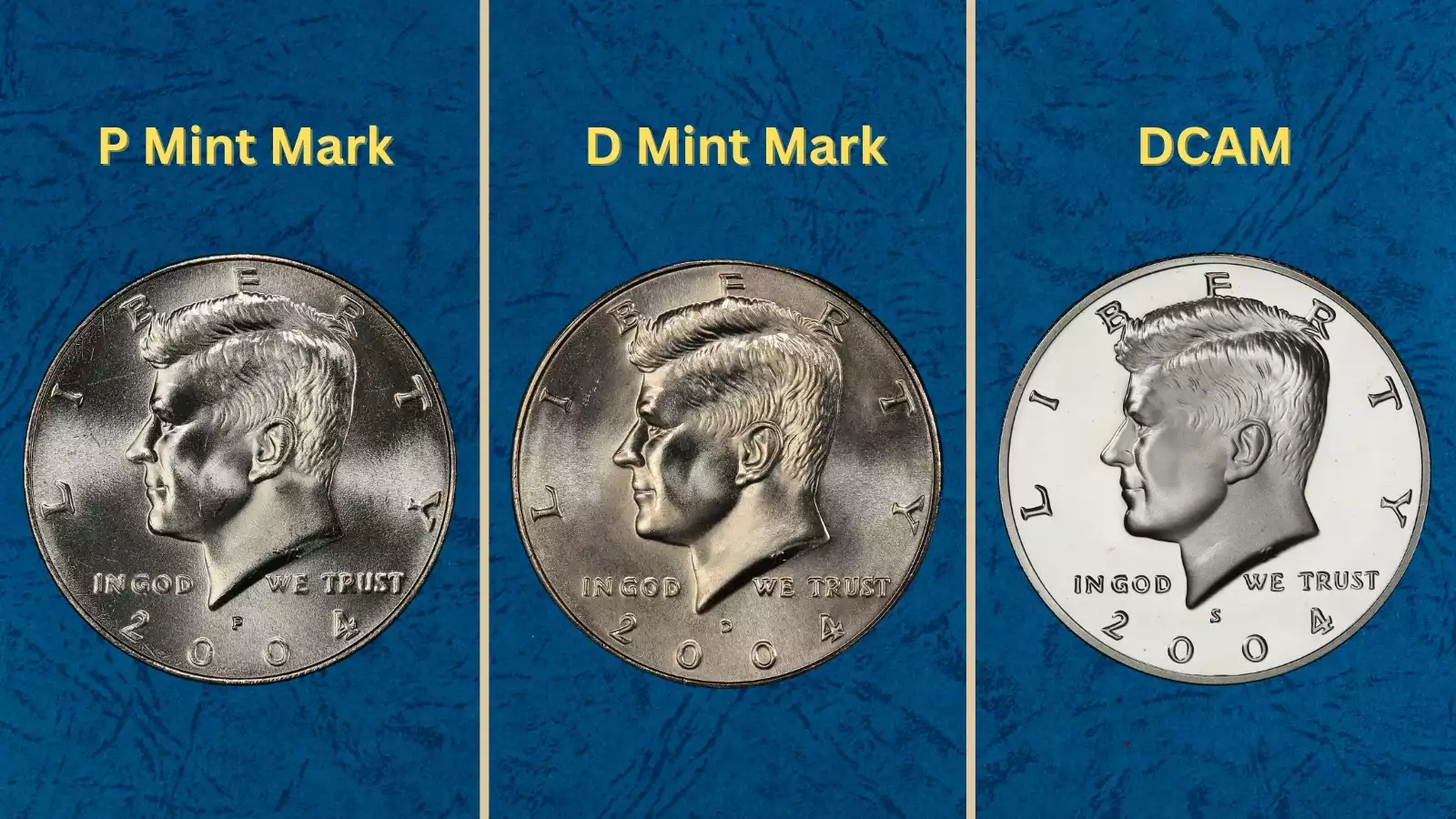 2004 Kennedy half dollar group showing all four issues: 2004-P, 2004-D, 2004-S Clad Proof, and 2004-S Silver Proof arranged together
